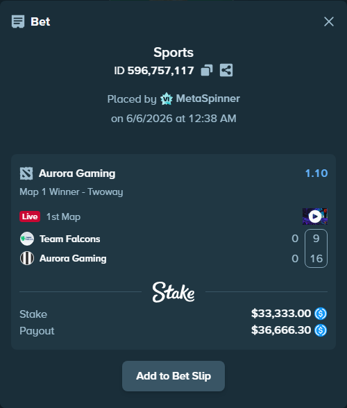 Bet slip: Team Falcons - Aurora Gaming, $33,333.00 stake at 1.10 odds, placed by MetaSpinner