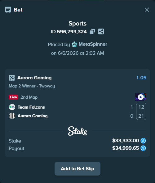 Bet slip: Team Falcons - Aurora Gaming, $33,333.00 stake at 1.05 odds, placed by MetaSpinner