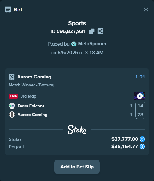 Bet slip: Team Falcons - Aurora Gaming, $37,777.00 stake at 1.01 odds, placed by MetaSpinner