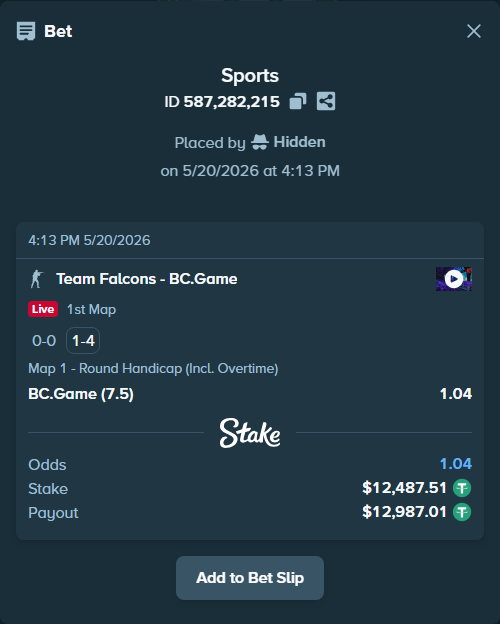 Bet slip: Team Falcons - BC.Game, $12,500.00 stake at 1.04 odds, placed by Hidden