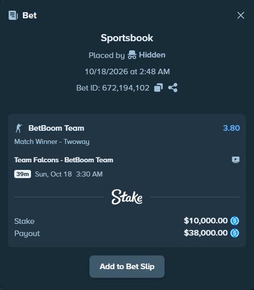 Bet slip: Team Falcons - BetBoom Team, $10,000.00 stake at 3.80 odds, placed by Hidden