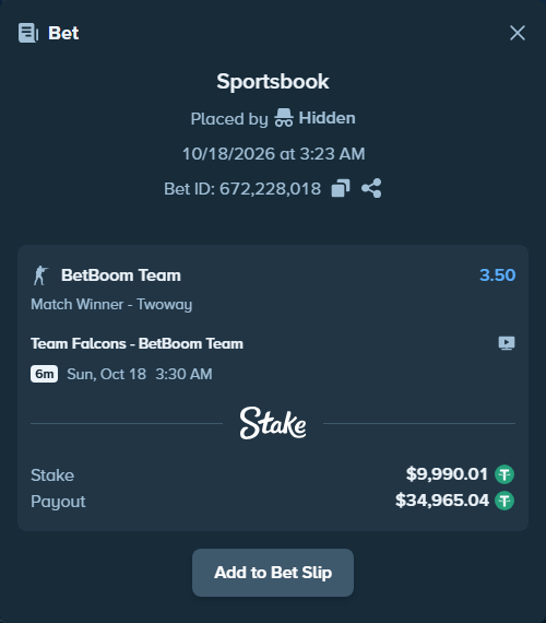 Bet slip: Team Falcons - BetBoom Team, $10,000.00 stake at 3.50 odds, placed by Tushuk228