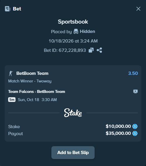 Bet slip: Team Falcons - BetBoom Team, $10,000.00 stake at 3.50 odds, placed by winnirium228