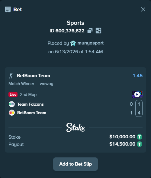 Bet slip: Team Falcons - BetBoom Team, $10,010.00 stake at 1.45 odds, placed by munyasport