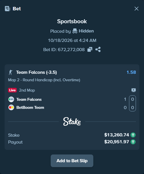 Bet slip: Team Falcons - BetBoom Team, $13,274.00 stake at 1.58 odds, placed by Hanselwilliam1