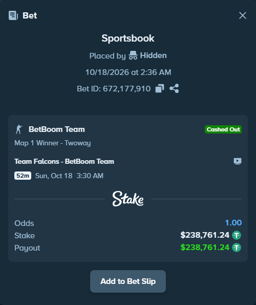 Bet slip: Team Falcons - BetBoom Team, $239,000.00 stake at 2.50 odds, placed by Mnt41