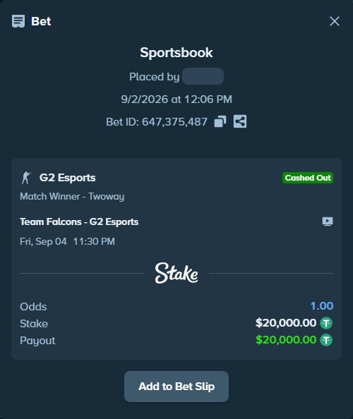 Bet slip: Team Falcons - G2 Esports, $20,000.00 stake at 2.35 odds, placed by winnirium228