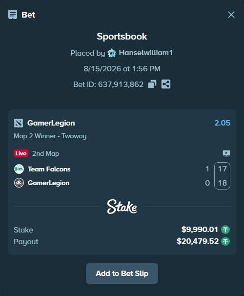 Bet slip: Team Falcons - GamerLegion, $10,000.00 stake at 2.05 odds, placed by Hanselwilliam1