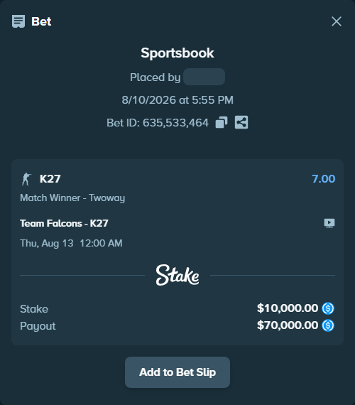 Bet slip: Team Falcons - K27, $10,000.00 stake at 7.00 odds, placed by kievpanda