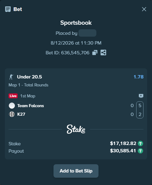 Bet slip: Team Falcons - K27, $17,200.00 stake at 1.78 odds, placed by saszakoncza