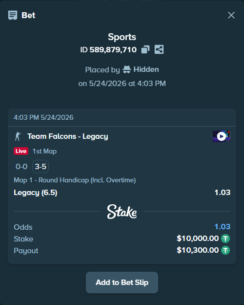 Bet slip: Team Falcons - Legacy, $10,010.00 stake at 1.03 odds, placed by Hidden