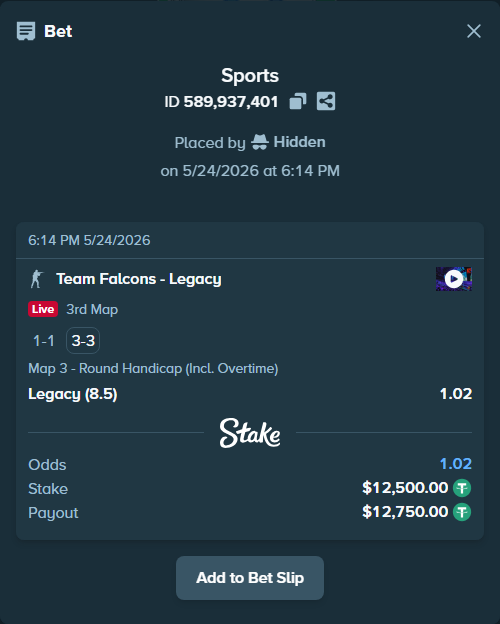Bet slip: Team Falcons - Legacy, $12,500.00 stake at 1.02 odds, placed by Hidden