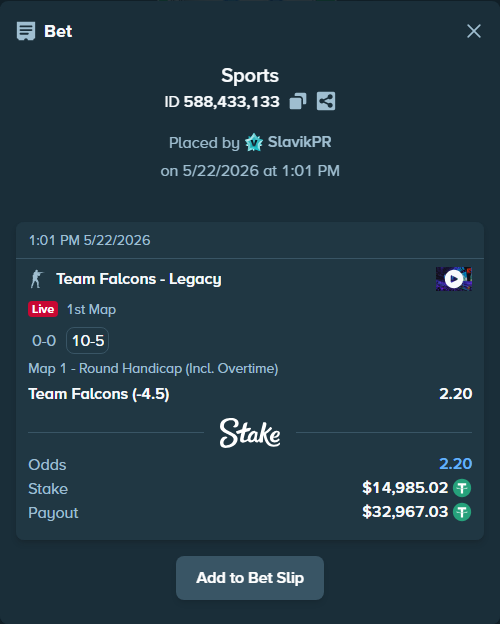 Bet slip: Team Falcons - Legacy, $15,000.00 stake at 2.20 odds, placed by SlavikPR