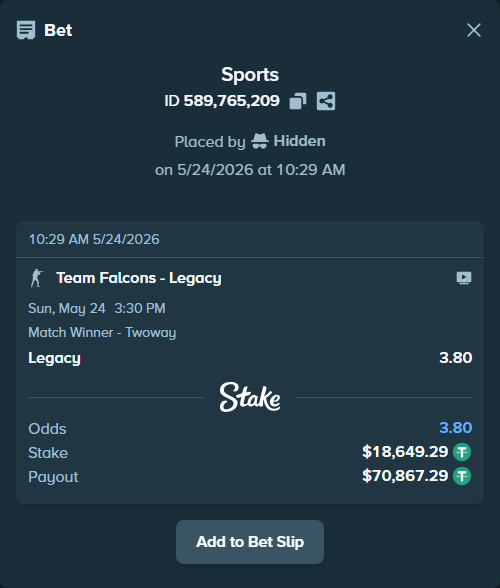 Bet slip: Team Falcons - Legacy, $18,667.94 stake at 3.80 odds, placed by Hidden