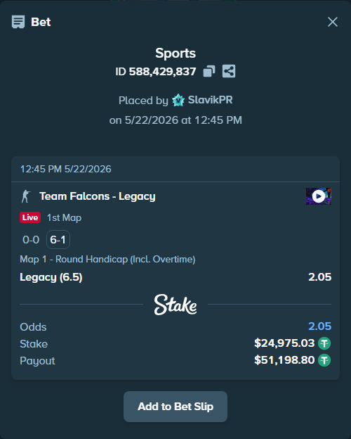 Bet slip: Team Falcons - Legacy, $25,000.00 stake at 2.05 odds, placed by SlavikPR