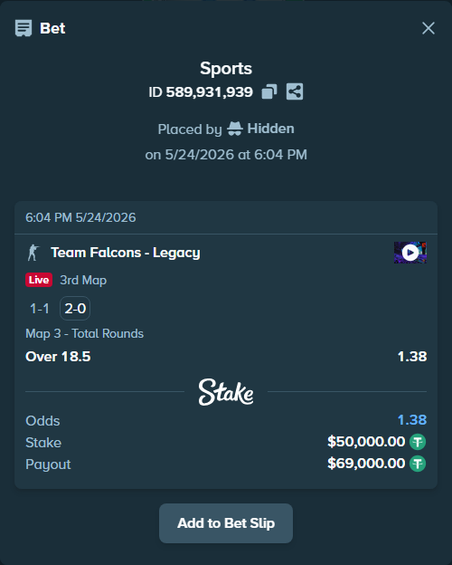 Bet slip: Team Falcons - Legacy, $50,000.00 stake at 1.38 odds, placed by Hidden