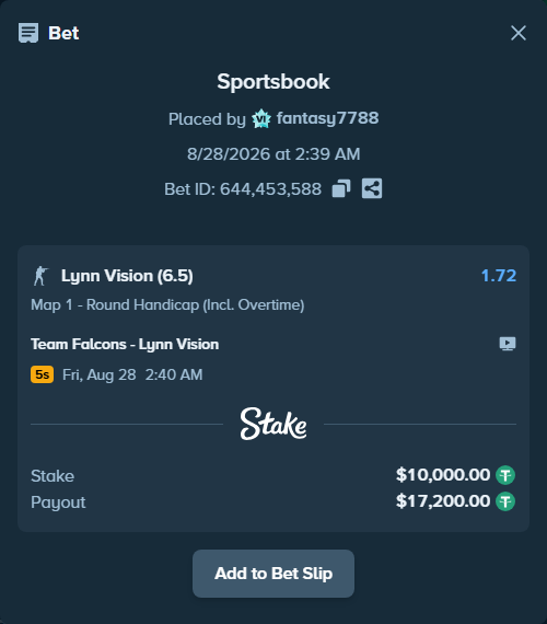 Bet slip: Team Falcons - Lynn Vision, $10,000.00 stake at 1.72 odds, placed by fantasy7788