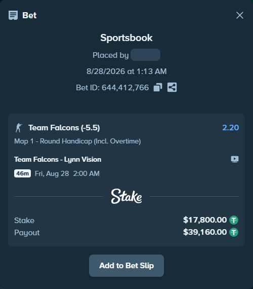 Bet slip: Team Falcons - Lynn Vision, $17,800.00 stake at 2.20 odds, placed by jxd1314