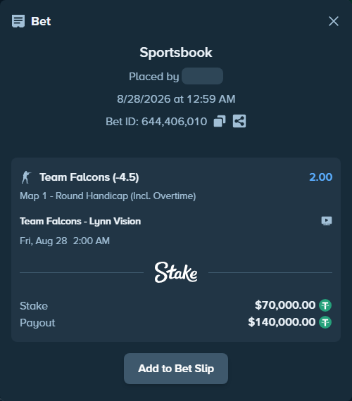 Bet slip: Team Falcons - Lynn Vision, $70,000.00 stake at 2.00 odds, placed by jxd1314