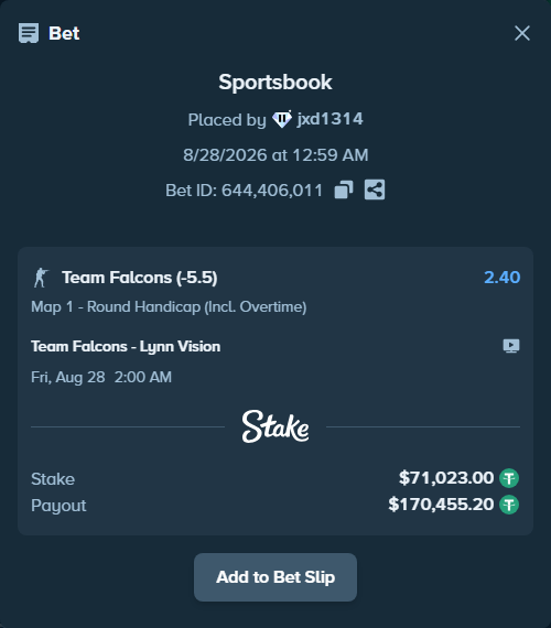Bet slip: Team Falcons - Lynn Vision, $71,023.00 stake at 2.40 odds, placed by jxd1314