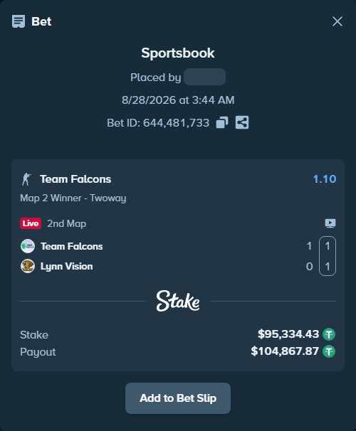 Bet slip: Team Falcons - Lynn Vision, $95,334.43 stake at 1.10 odds, placed by Mnt41