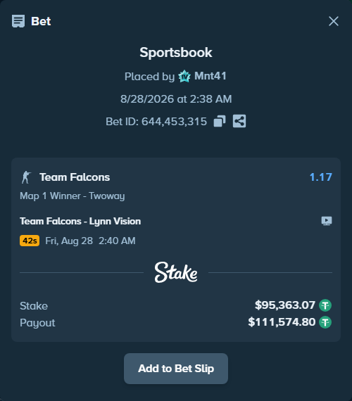 Bet slip: Team Falcons - Lynn Vision, $95,363.07 stake at 1.17 odds, placed by Mnt41