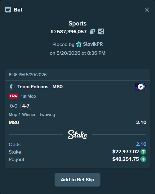 Bet slip: Team Falcons - M80, $23,000.00 stake at 2.10 odds, placed by SlavikPR