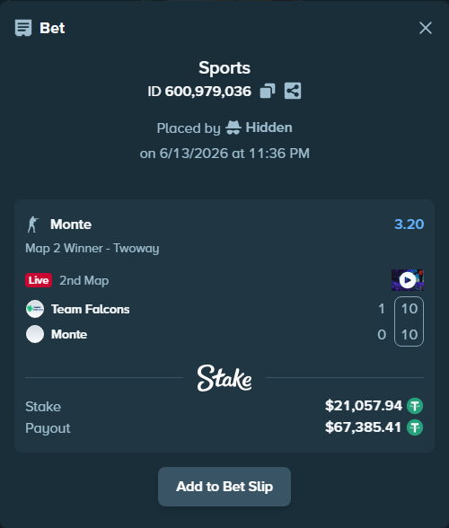 Bet slip: Team Falcons - Monte, $21,079.00 stake at 3.20 odds, placed by Hidden