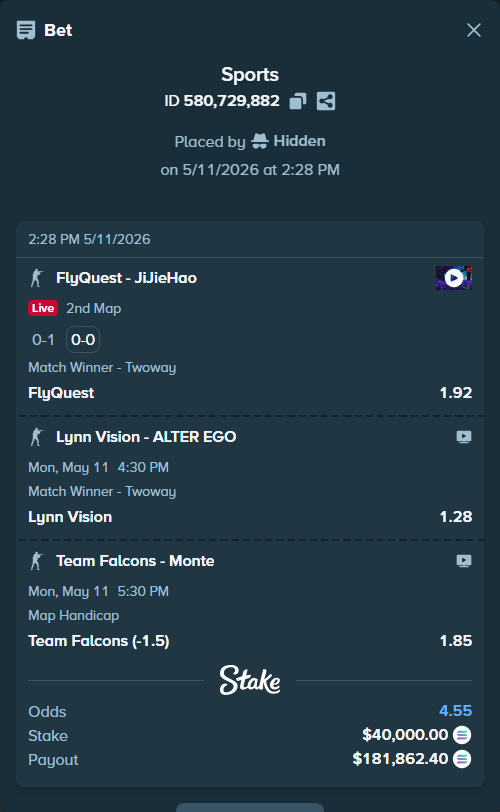 Bet slip: Team Falcons - Monte, $30,768.89 stake at 1.85 odds, placed by Hidden