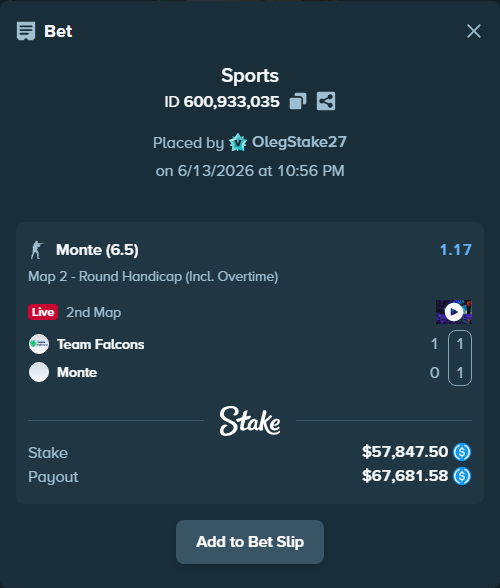 Bet slip: Team Falcons - Monte, $57,847.50 stake at 1.17 odds, placed by OlegStake27