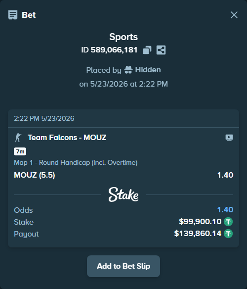 Bet slip: Team Falcons - MOUZ, $100,000.00 stake at 1.40 odds, placed by Hidden