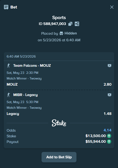 Bet slip: Team Falcons - MOUZ, $13,513.50 stake at 2.80 odds, placed by Hidden
