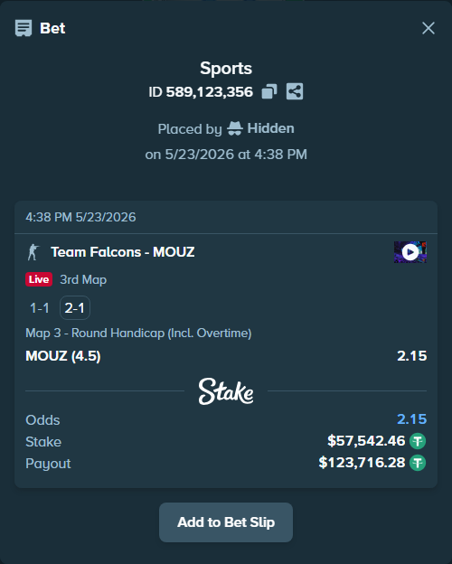 Bet slip: Team Falcons - MOUZ, $57,600.00 stake at 2.15 odds, placed by Hidden
