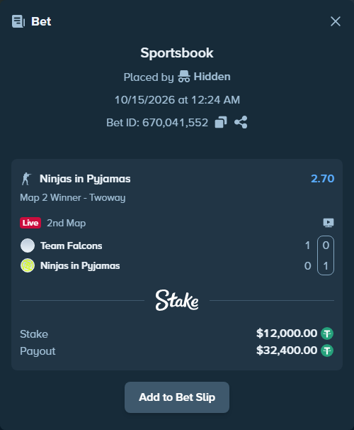 Bet slip: Team Falcons - Ninjas in Pyjamas, $12,012.00 stake at 2.70 odds, placed by Hidden