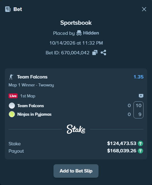 Bet slip: Team Falcons - Ninjas in Pyjamas, $124,598.00 stake at 1.35 odds, placed by Mnt41