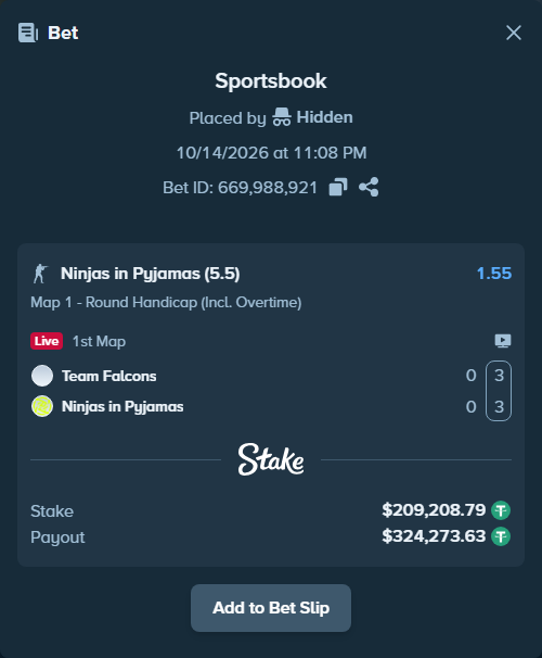 Bet slip: Team Falcons - Ninjas in Pyjamas, $209,418.00 stake at 1.55 odds, placed by Mnt41