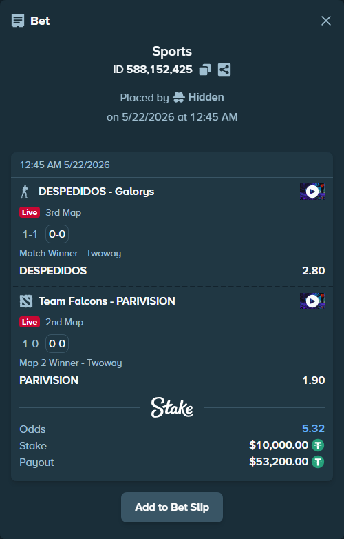 Bet slip: Team Falcons - PARIVISION, $10,010.00 stake at 1.90 odds, placed by Hidden