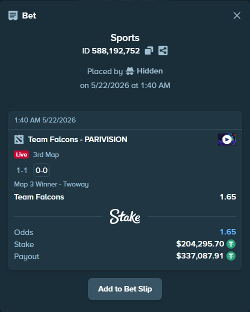 Bet slip: Team Falcons - PARIVISION, $204,500.00 stake at 1.65 odds, placed by Hidden