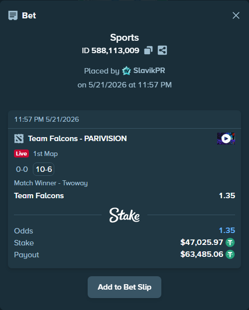 Bet slip: Team Falcons - PARIVISION, $47,073.00 stake at 1.35 odds, placed by SlavikPR
