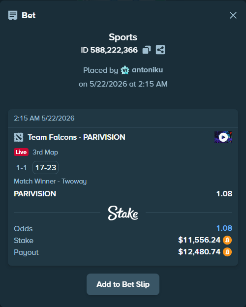 Bet slip: Team Falcons - PARIVISION, $9,649.50 stake at 1.08 odds, placed by antoniku