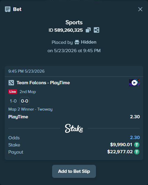 Bet slip: Team Falcons - PlayTime, $10,000.00 stake at 2.30 odds, placed by Hidden