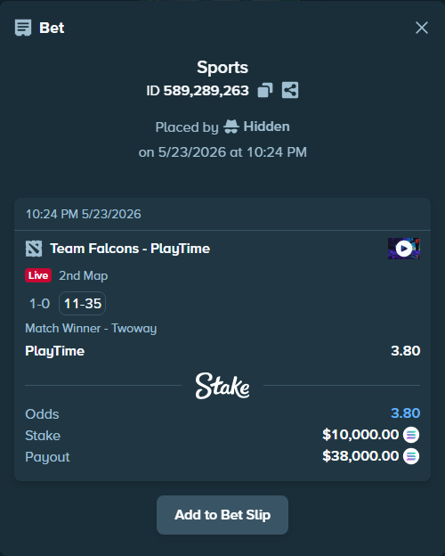 Bet slip: Team Falcons - PlayTime, $8,926.66 stake at 3.80 odds, placed by Hidden