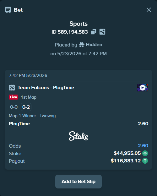 Bet slip: Team Falcons - PlayTime, $45,000.00 stake at 2.60 odds, placed by Hidden