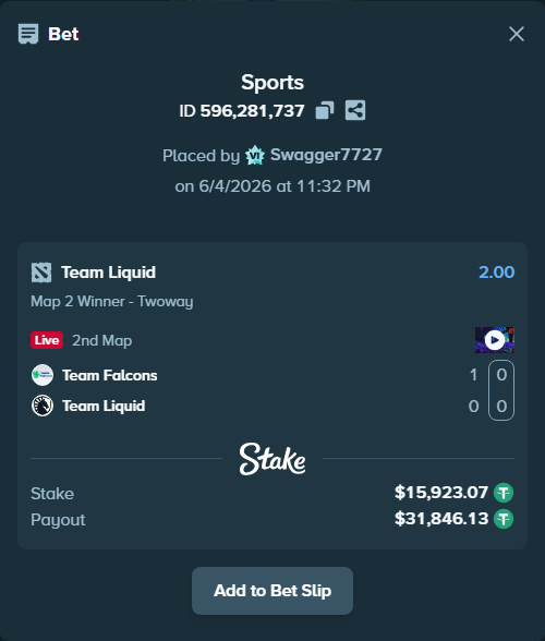 Bet slip: Team Falcons - Team Liquid, $15,938.99 stake at 2.00 odds, placed by Swagger7727