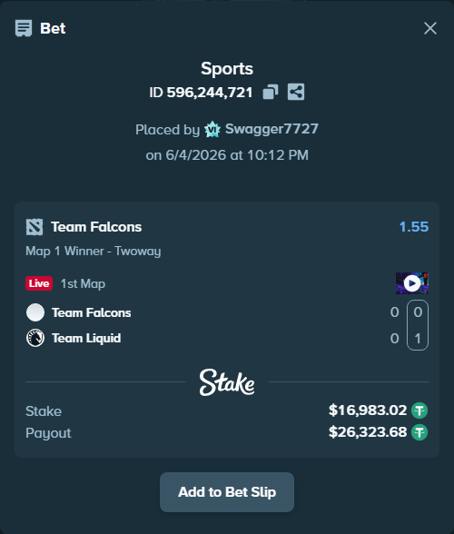 Bet slip: Team Falcons - Team Liquid, $17,000.00 stake at 1.55 odds, placed by Swagger7727
