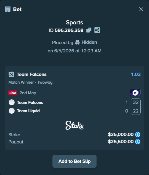 Bet slip: Team Falcons - Team Liquid, $25,000.00 stake at 1.02 odds, placed by MetaSpinner