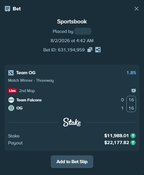 Bet slip: Team Falcons - Team OG, $12,000.00 stake at 1.85 odds, placed by malika1444