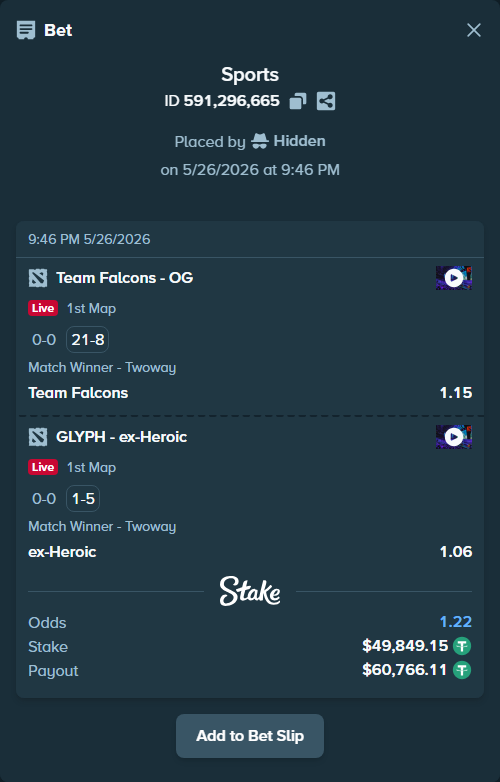 Bet slip: Team Falcons - Team OG, $49,899.00 stake at 1.15 odds, placed by Hidden