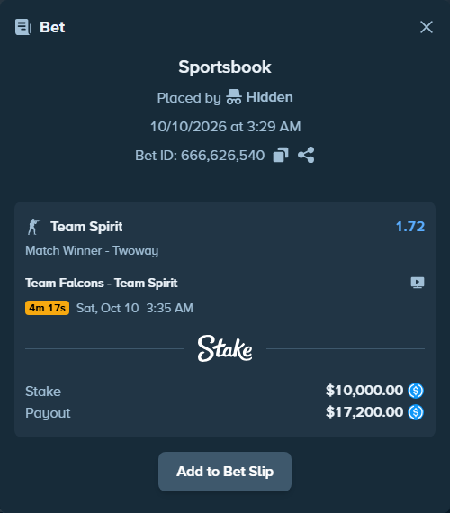 Bet slip: Team Falcons - Team Spirit, $10,000.00 stake at 1.72 odds, placed by crasser1