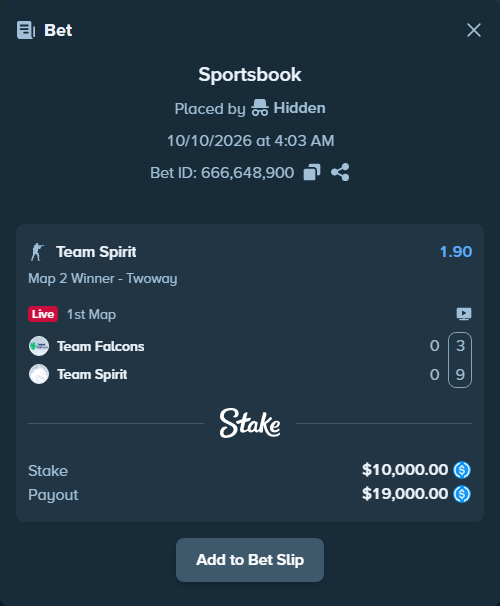 Bet slip: Team Falcons - Team Spirit, $10,000.00 stake at 1.90 odds, placed by winnirium228